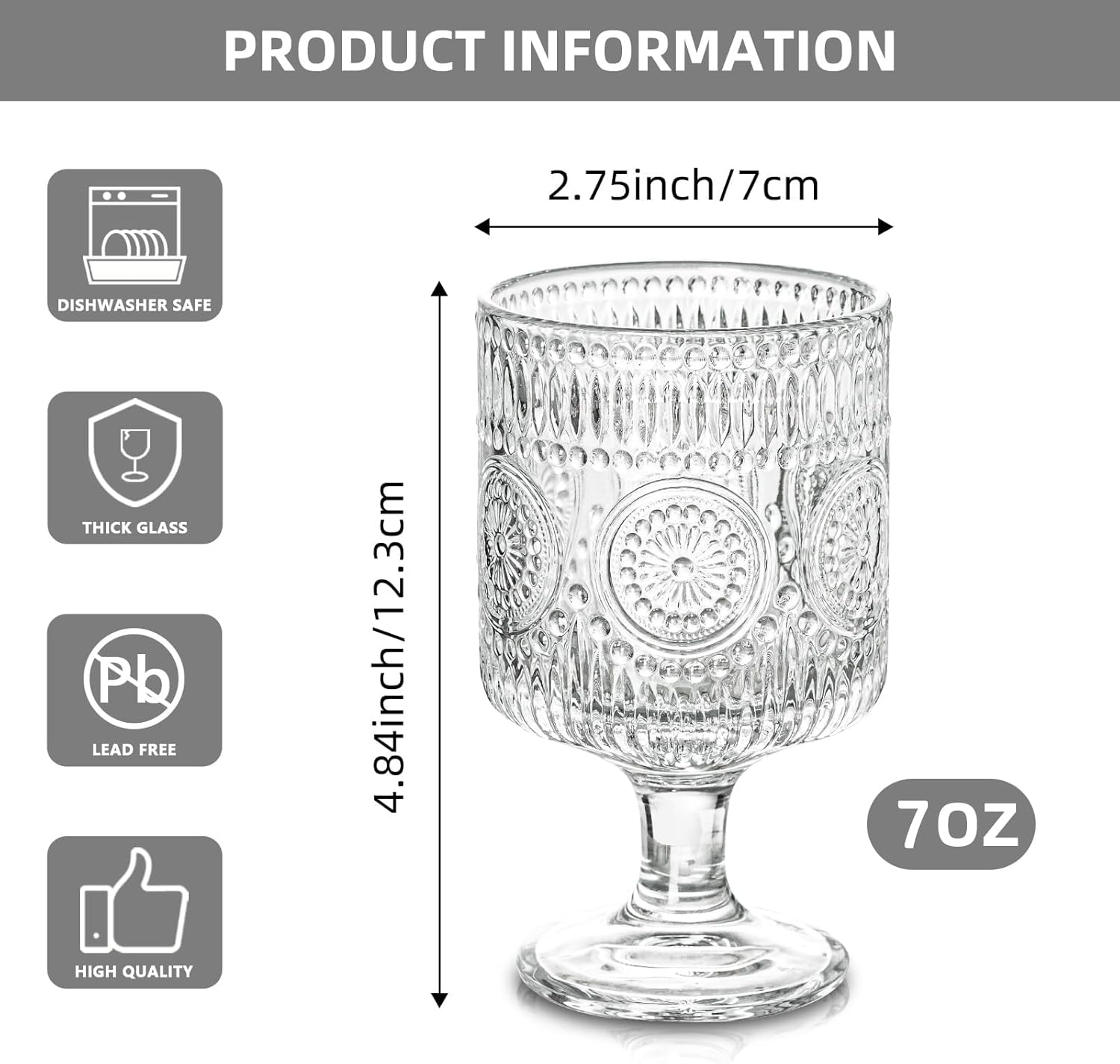 Romantic Vintage Goblet Glasses of 4, Charming Vintage Embossed Floral Decorative Glass Cups Set, Mixed Drink Glasses, for Bars, Restaurants, Party, and Elegant Dinners, 7 oz Wine Glasses