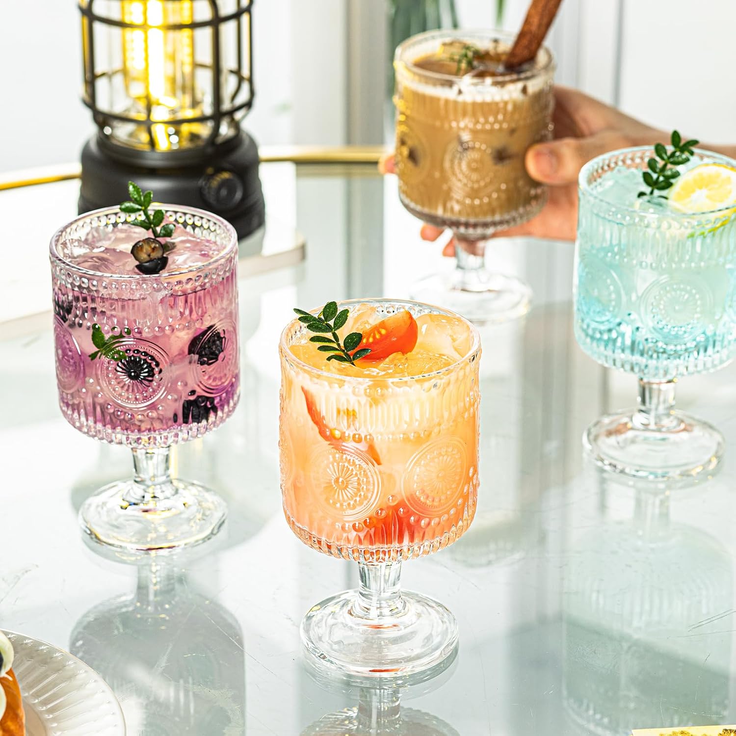 Romantic Vintage Goblet Glasses of 4, Charming Vintage Embossed Floral Decorative Glass Cups Set, Mixed Drink Glasses, for Bars, Restaurants, Party, and Elegant Dinners, 7 oz Wine Glasses