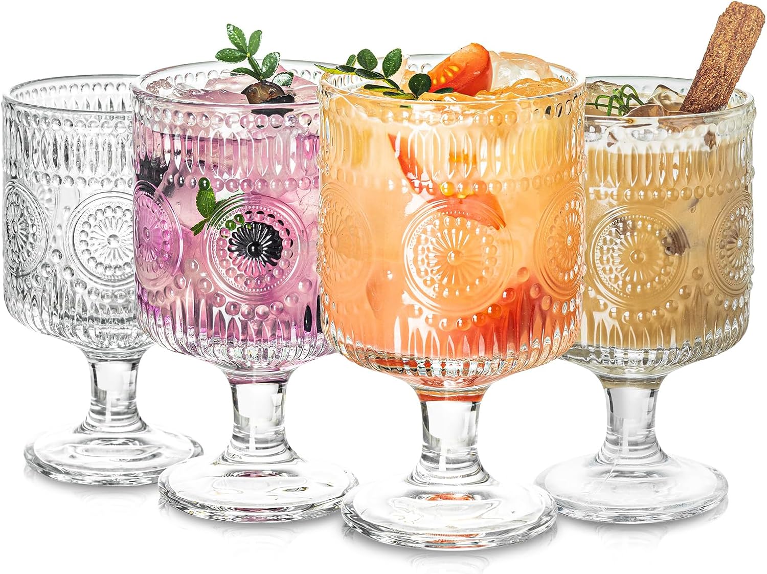 Romantic Vintage Goblet Glasses of 4, Charming Vintage Embossed Floral Decorative Glass Cups Set, Mixed Drink Glasses, for Bars, Restaurants, Party, and Elegant Dinners, 7 oz Wine Glasses